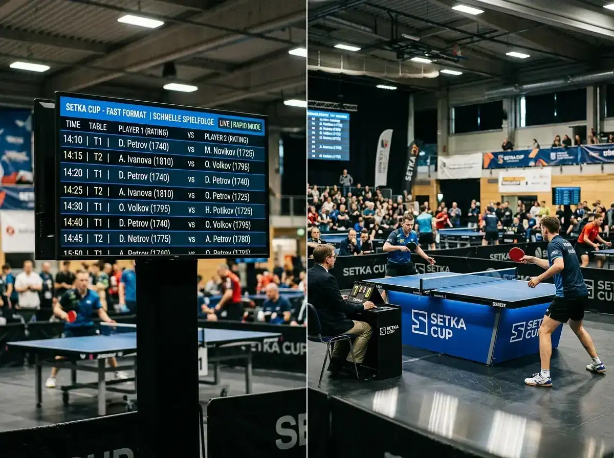 Anzeigetafel zeigt die schnelle Spielfolge eines Setka-Cup-Turniers
