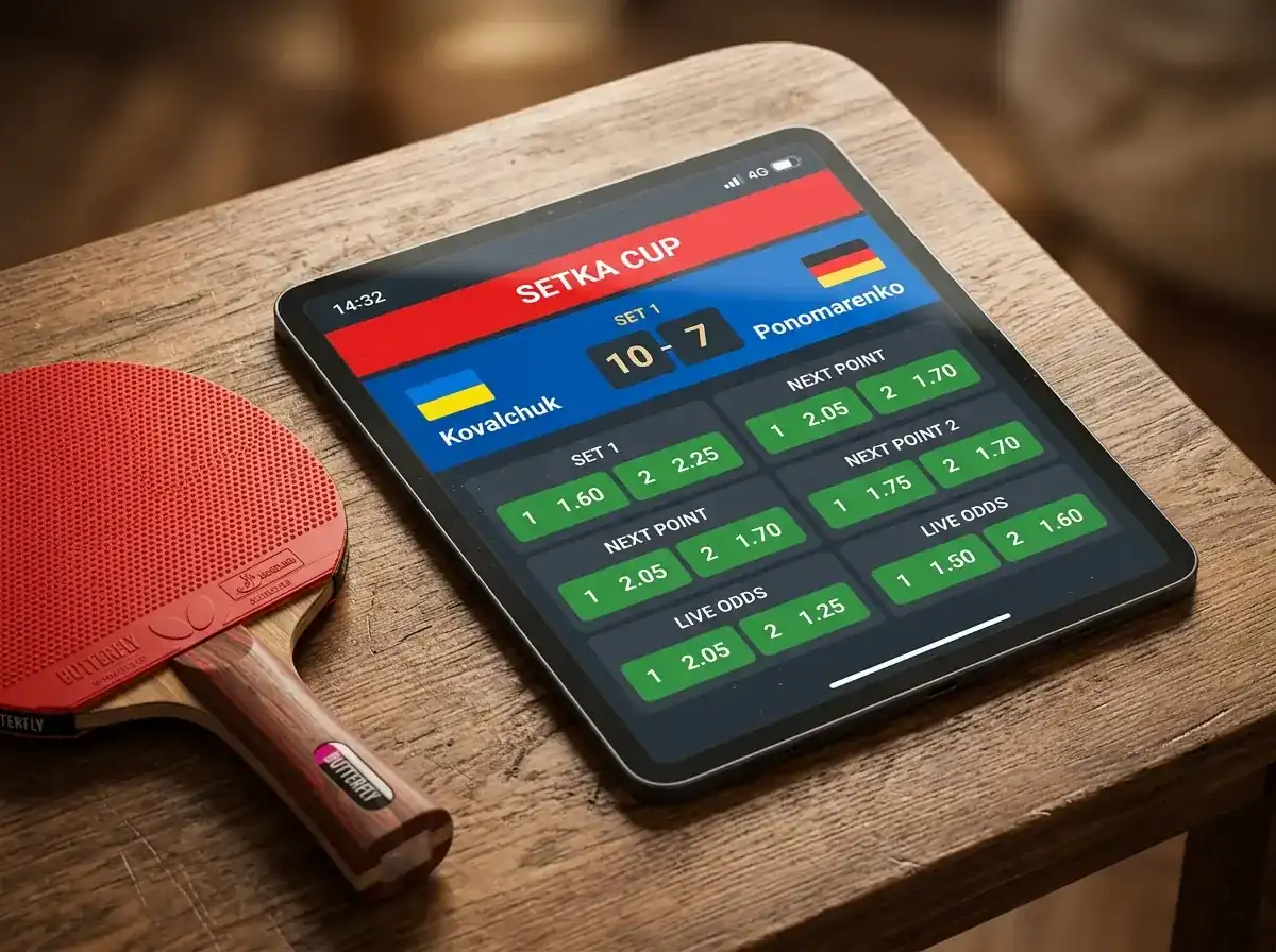 Tablet zeigt Quoten für ein Setka-Cup-Tischtennisspiel