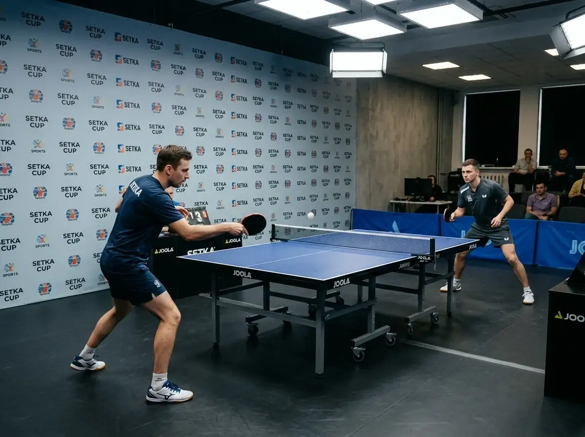 Tischtennistisch in einer kleinen Studiohalle während eines Setka-Cup-Spiels