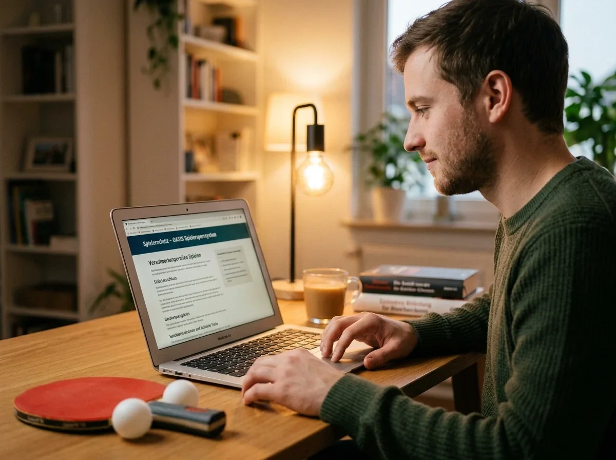 Person setzt sich am Laptop bewusst mit Spielerschutz beim Wetten auseinander