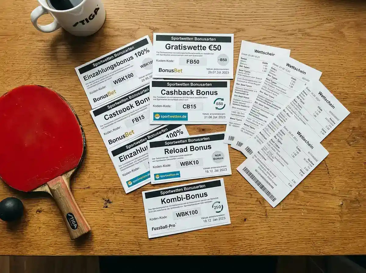 Übersichtliche Auslage verschiedener Bonusgutscheine und Wettscheine auf einem Holztisch