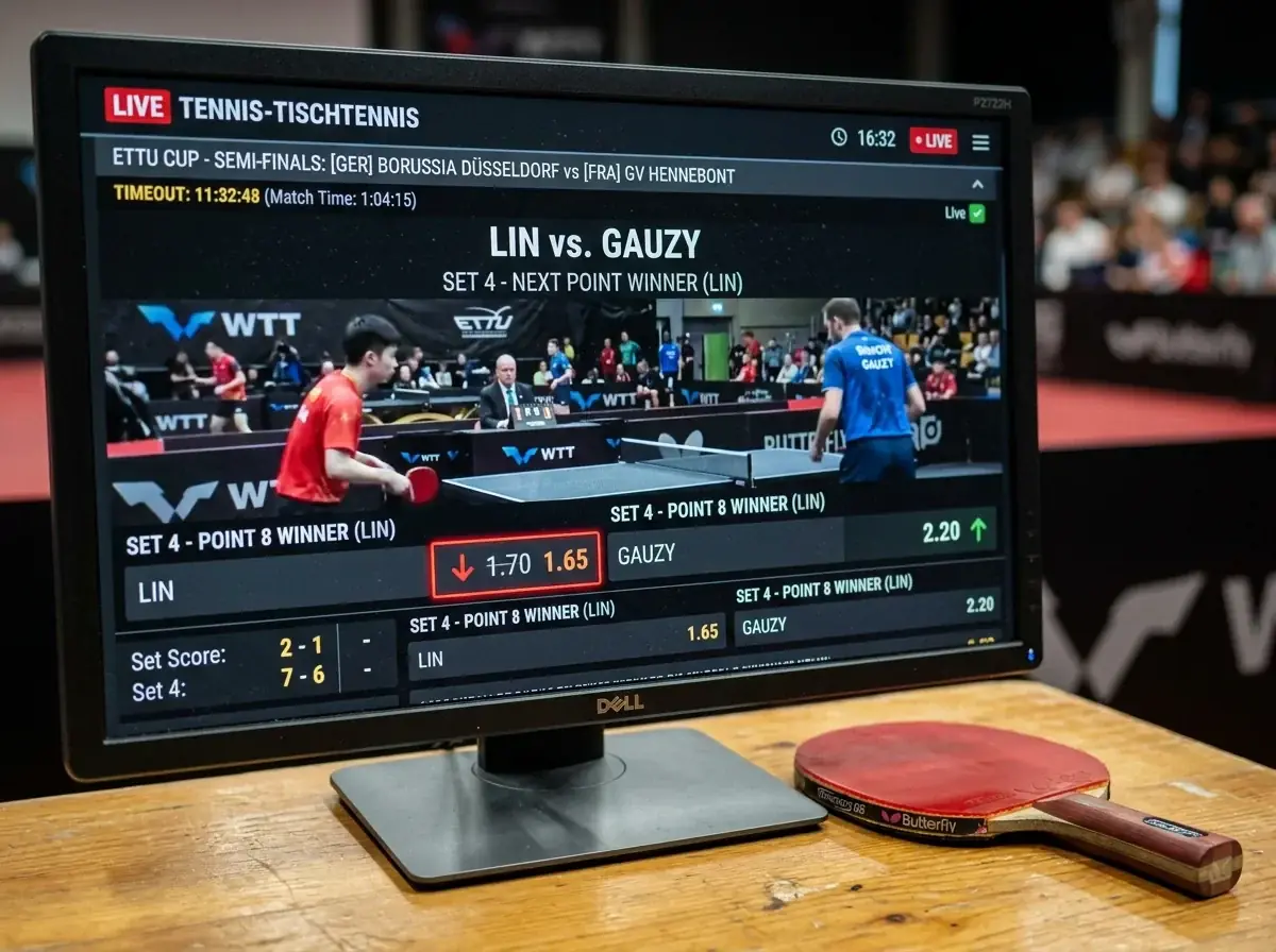 Bildschirm zeigt die Quotenbewegung unmittelbar nach einem Timeout beim Tischtennis