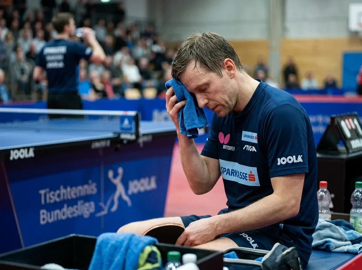 Tischtennisspieler sammelt sich während einer kurzen Auszeit am Spielfeldrand