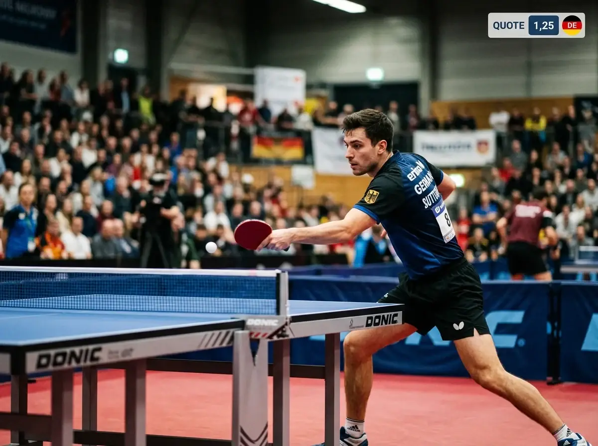 Tischtennisspieler beim Aufschlag mit eingeblendeter niedriger Favoritenquote