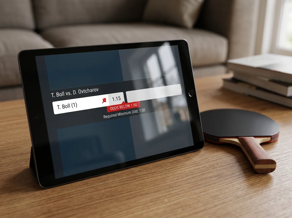 Tablet zeigt eine zu niedrige Tischtennis-Favoritenquote unter der geforderten Mindestquote