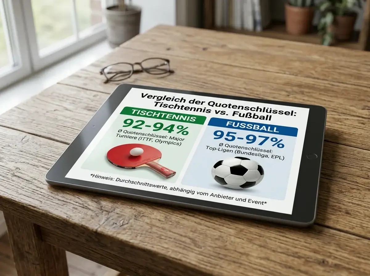 Tablet vergleicht den Quotenschlüssel von Tischtennis und Fußball nebeneinander