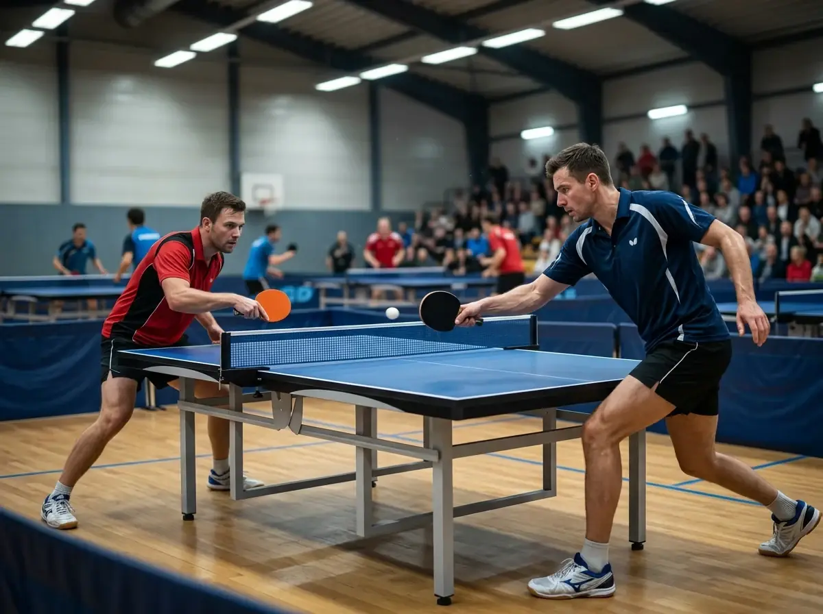 Zwei Tischtennisspieler an der Platte während eines spannenden Ballwechsels