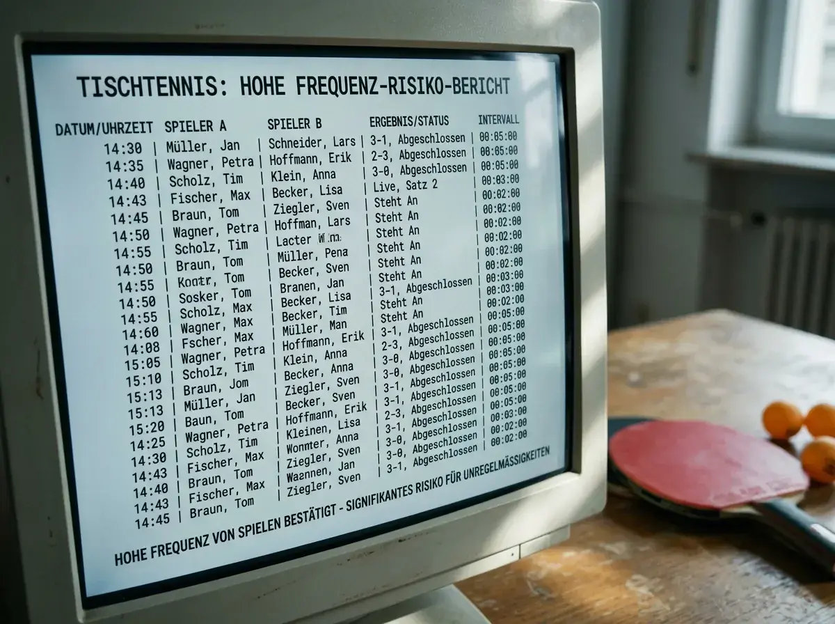 Bildschirm zeigt die hohe Frequenz von Tischtennisspielen als Risiko für die Bankroll