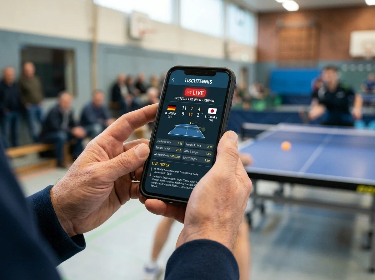 Hand platziert eine Tischtennis-Wette mobil auf dem Smartphone während eines Spiels