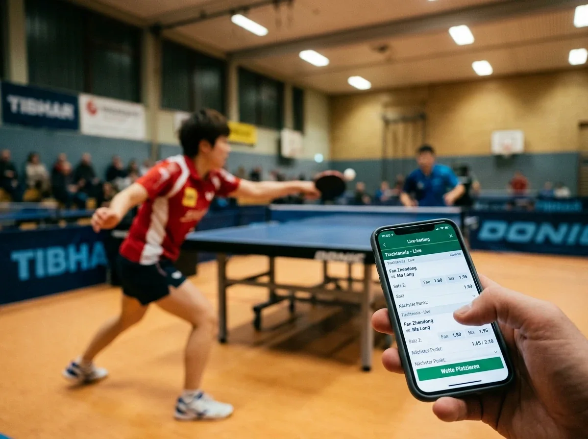 Hand hält ein Smartphone mit Live-Wett-Oberfläche vor einem laufenden Tischtennisspiel