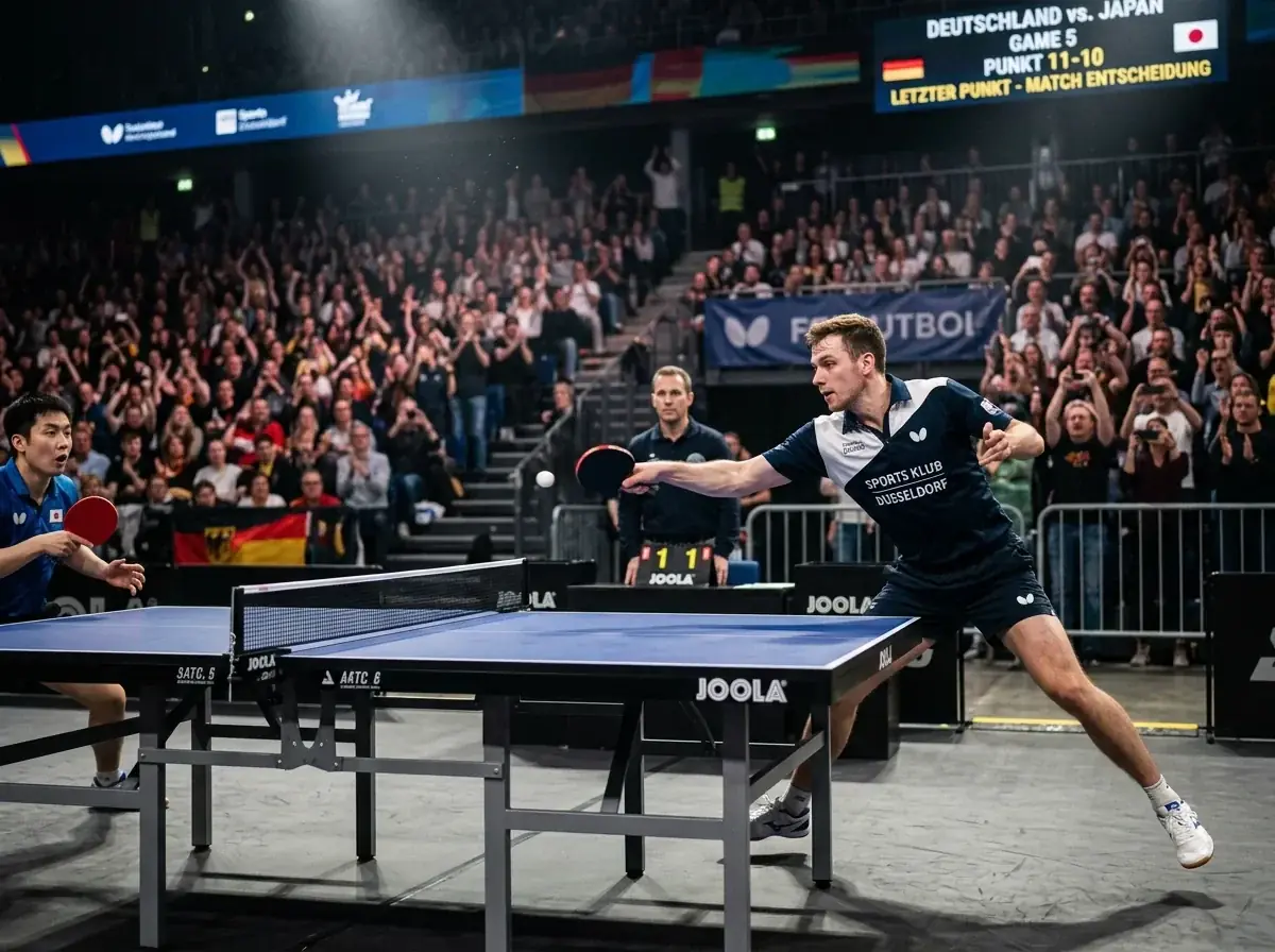 Entscheidender letzter Punkt eines Tischtennisspiels an der blauen Platte