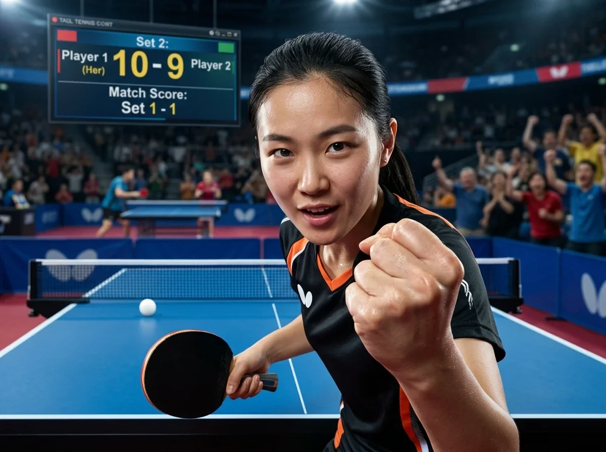Tischtennisspieler ballt nach einem Punkt während einer Aufholjagd die Faust