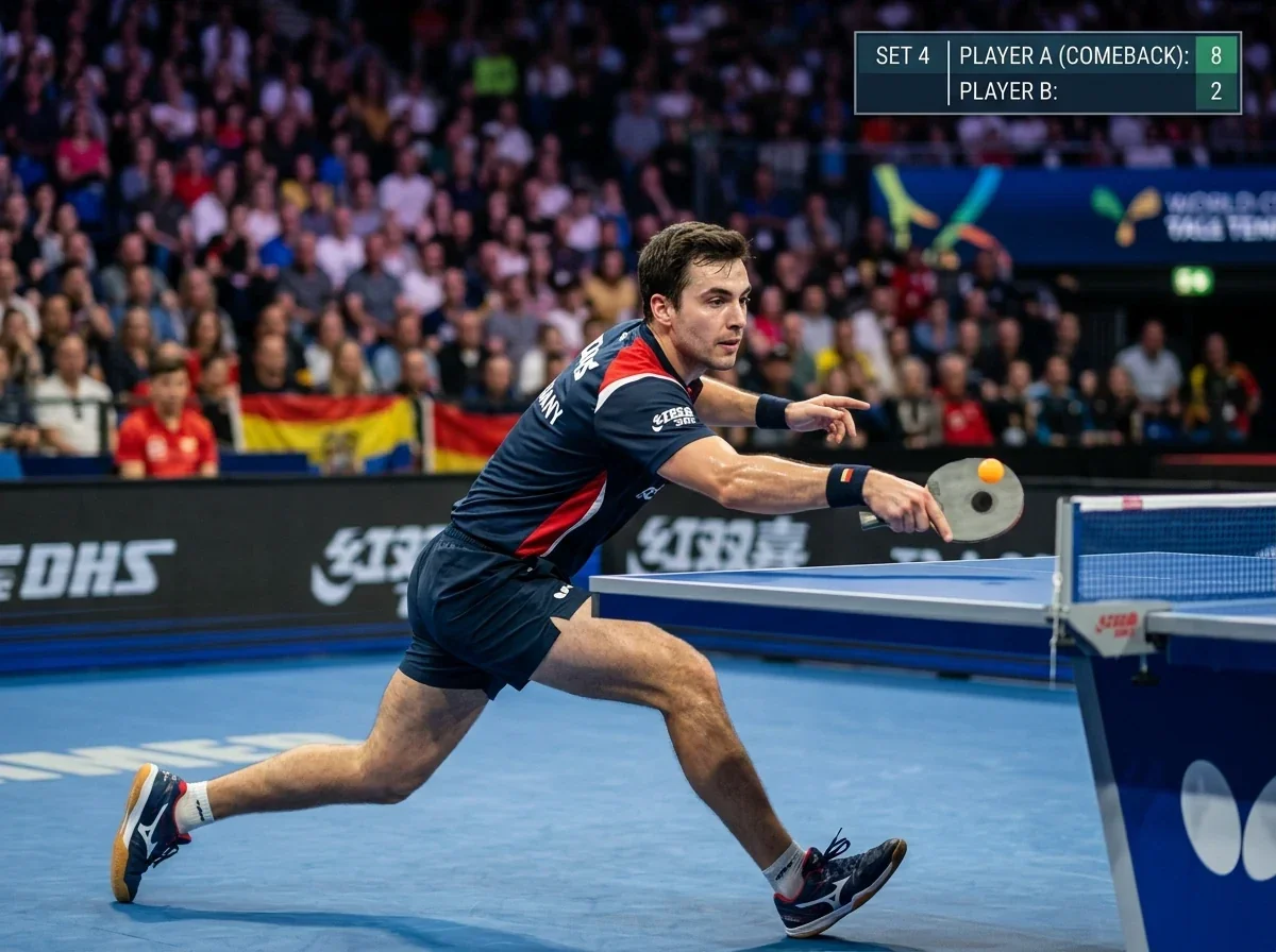 Tischtennisspieler dreht einen Satz mit einer Aufholjagd von 2 zu 8 zum Sieg
