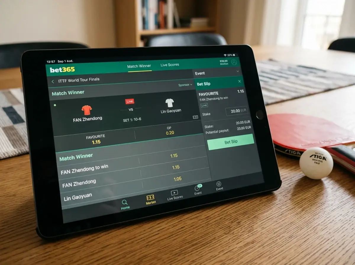 Tablet zeigt eine niedrige Tischtennis-Favoritenquote im Kontext eines Cashback-Vergleichs