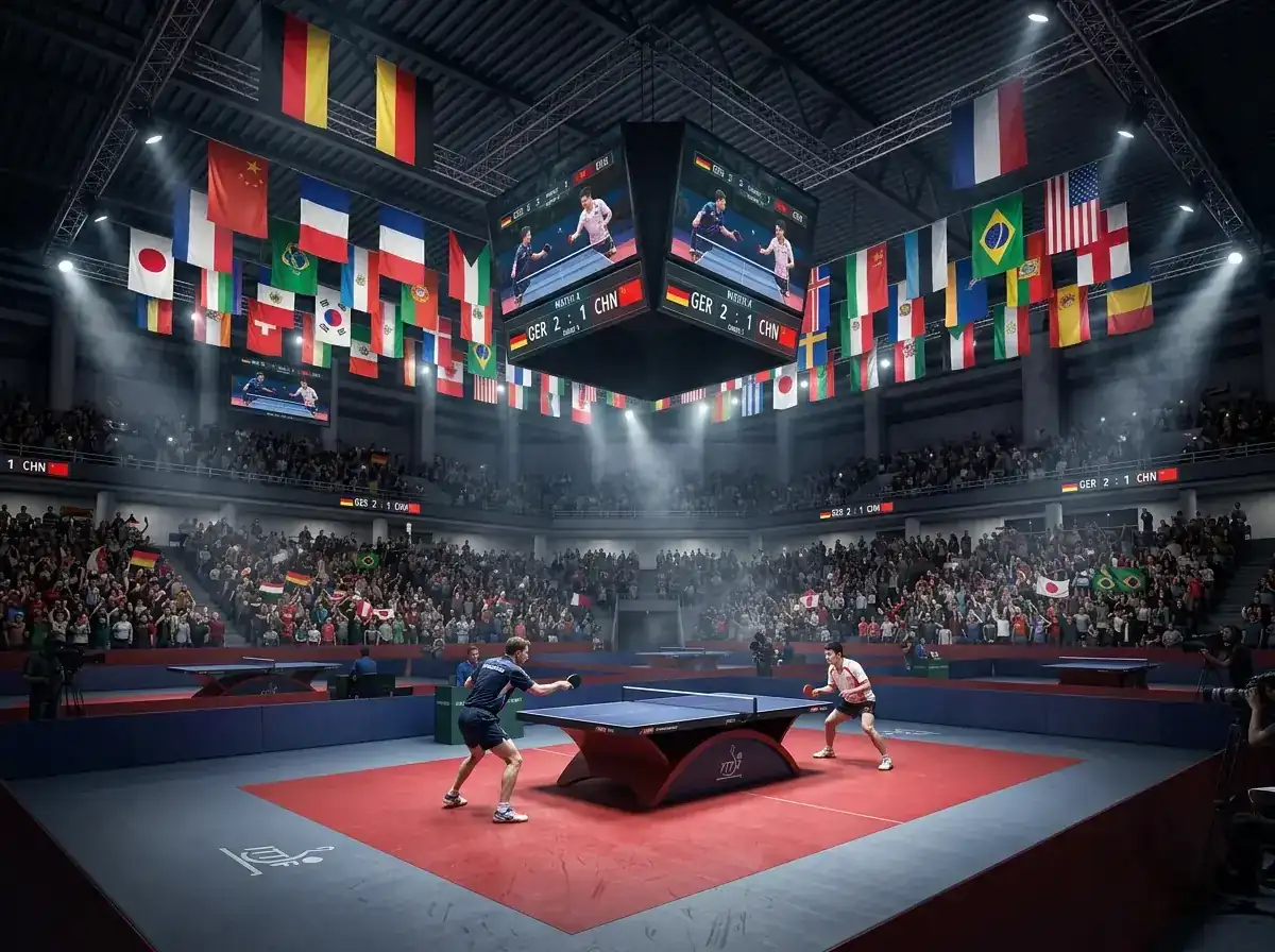 Große Tischtennisarena bei einem Olympia-Turnier mit internationalen Flaggen
