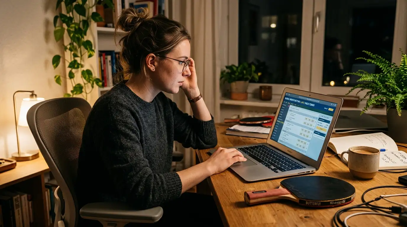 Person sucht auf einem Laptop Tischtennis-Quoten, die die Mindestquote erfüllen