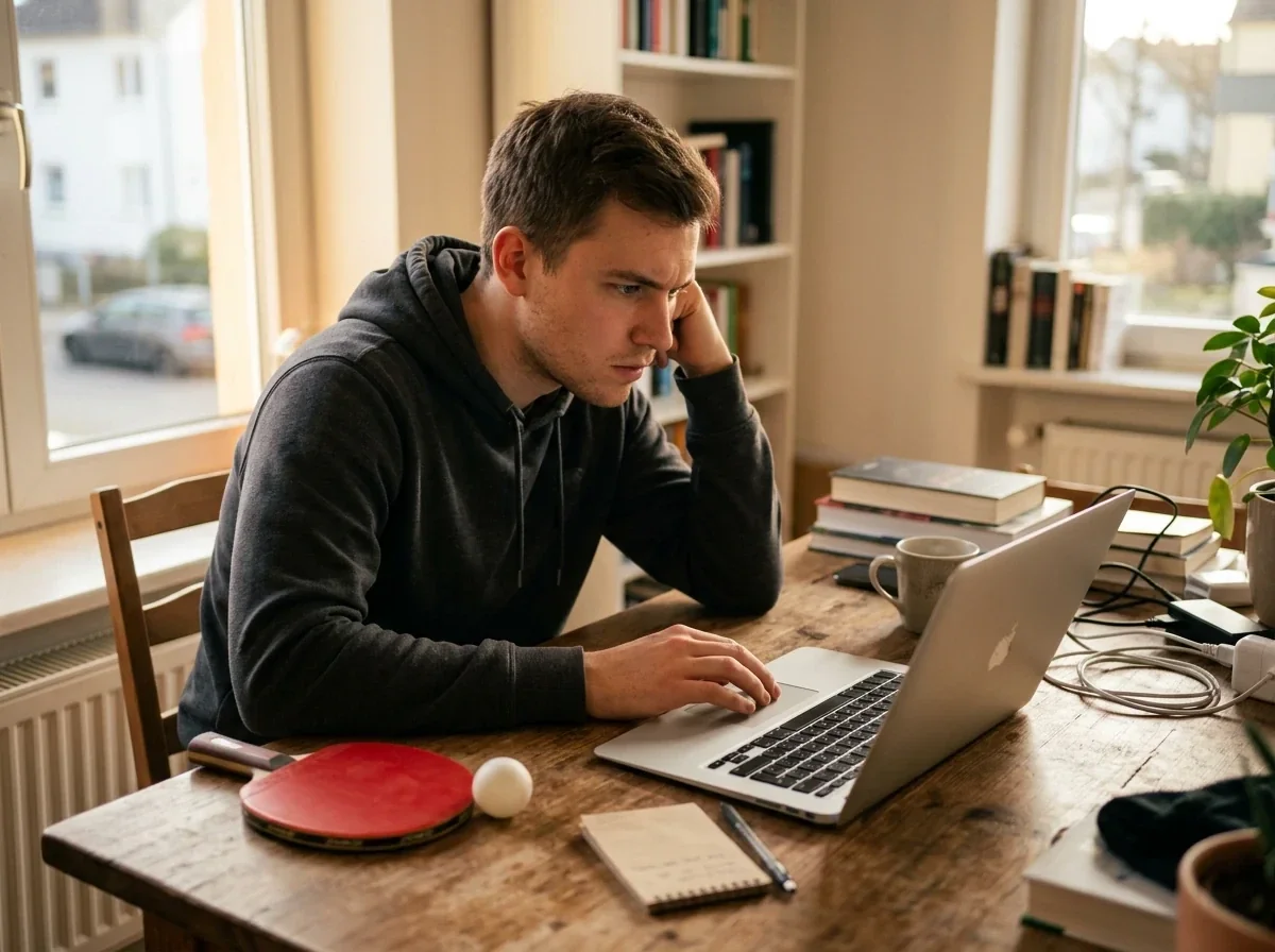Anfänger lernt am Laptop, wie man Tischtennis-Quoten richtig liest