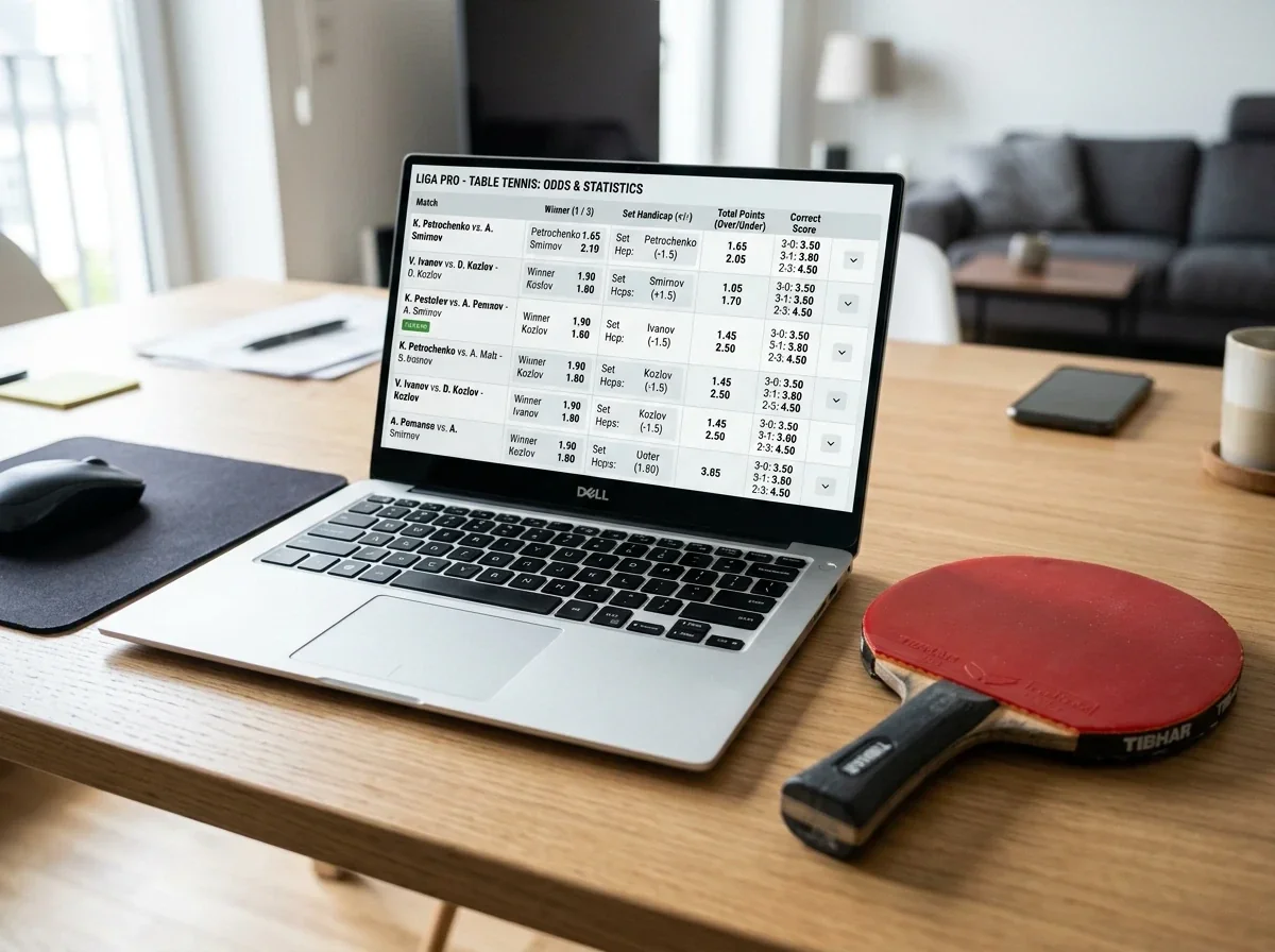 Laptop zeigt praktische Tischtennis-Quotenbeispiele aus der Liga Pro