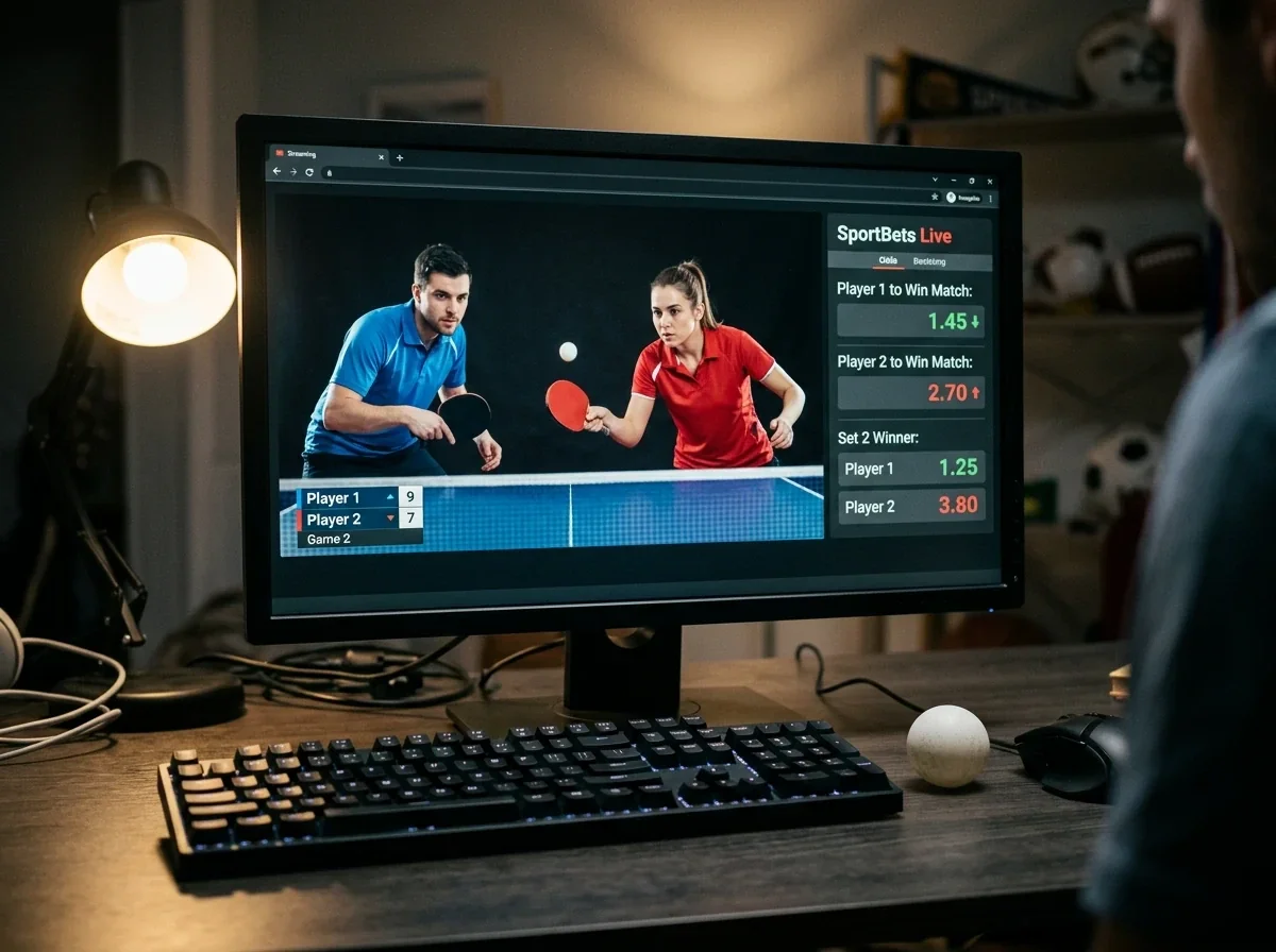 Bildschirm zeigt eine sich verändernde Live-Quote während eines Tischtennisspiels