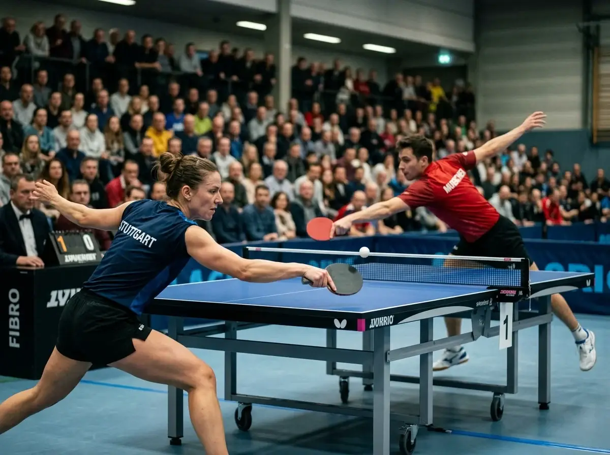 Spannungsgeladener Satzverlauf bei einem Tischtennisspiel in einer Halle