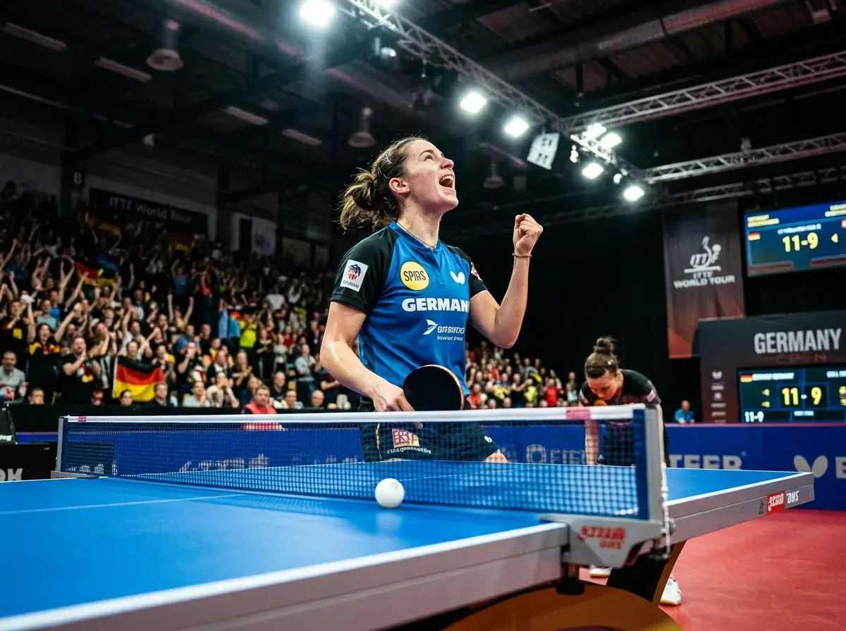Tischtennisspieler jubelt nach einem gewonnenen Satz an der blauen Platte