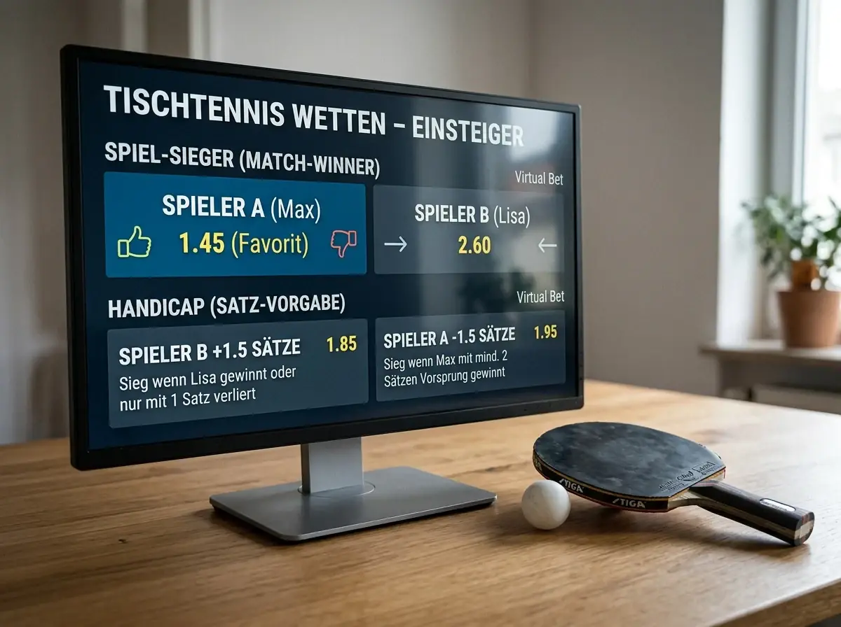 Bildschirm zeigt Siegwette und Handicap als erste Wettarten für Anfänger
