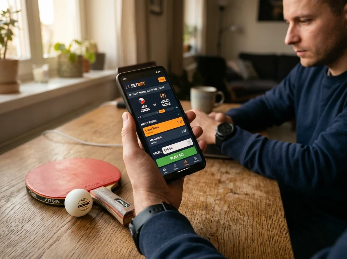 Wettender platziert eine einfache Siegwette auf dem Smartphone beim Tischtennis