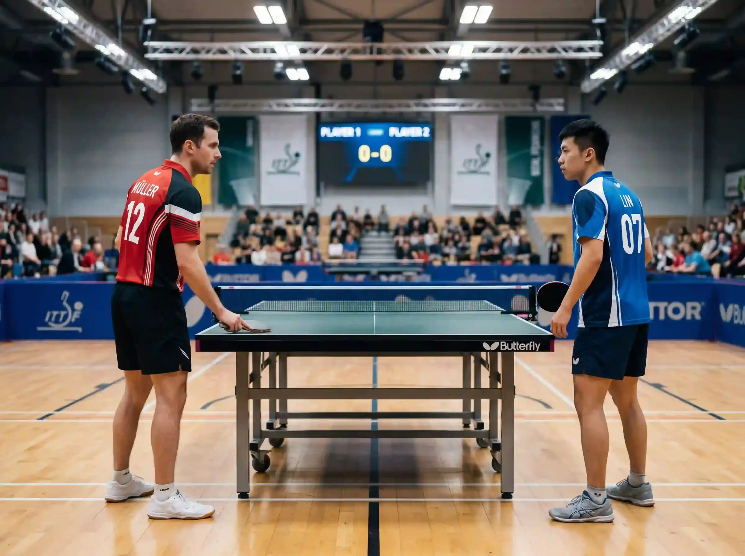 Zwei Tischtennisspieler stehen sich vor dem Spiel an der blauen Platte gegenüber