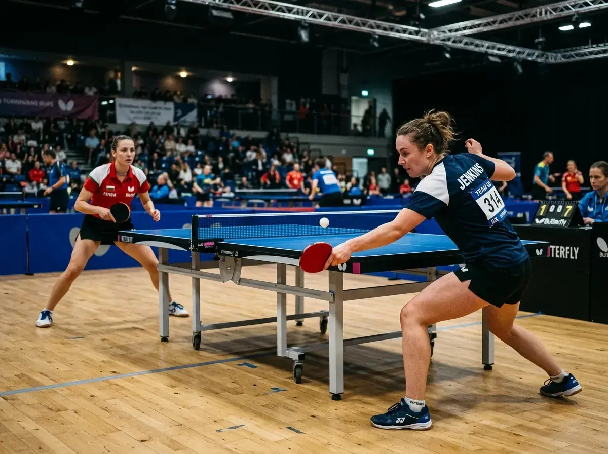 Zwei Tischtennisspieler mit unterschiedlichem Spielstil im schnellen Ballwechsel