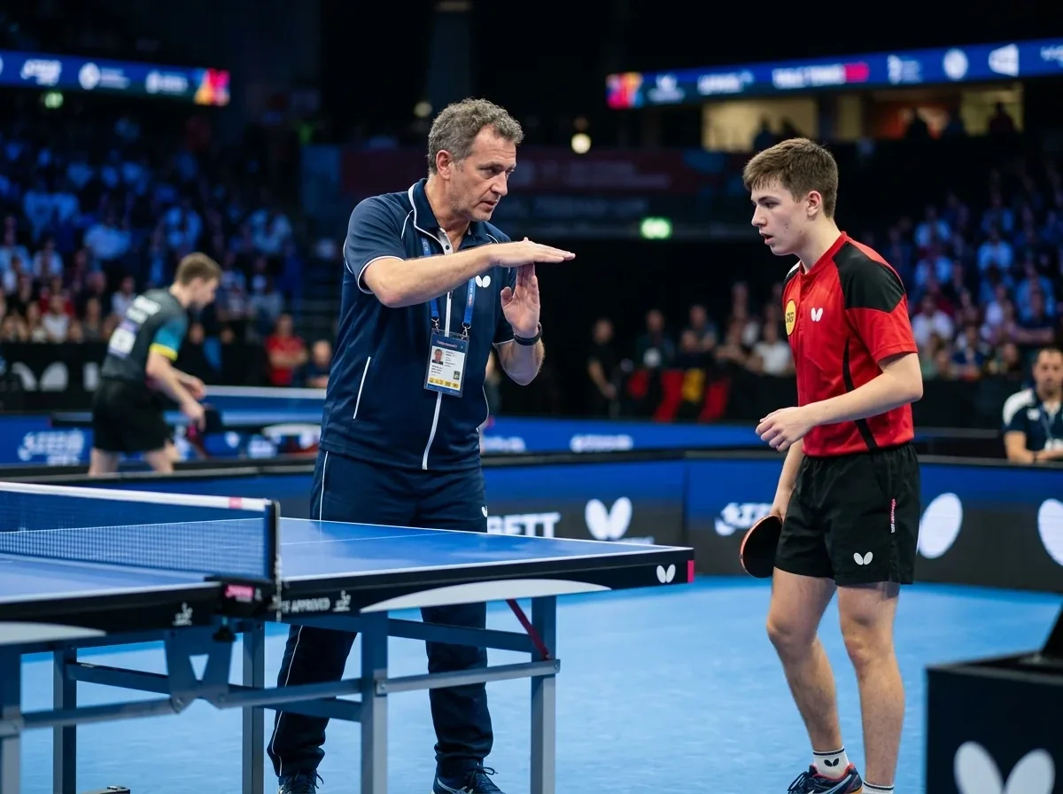 Tischtennistrainer signalisiert während eines Satzes eine Auszeit an der Platte