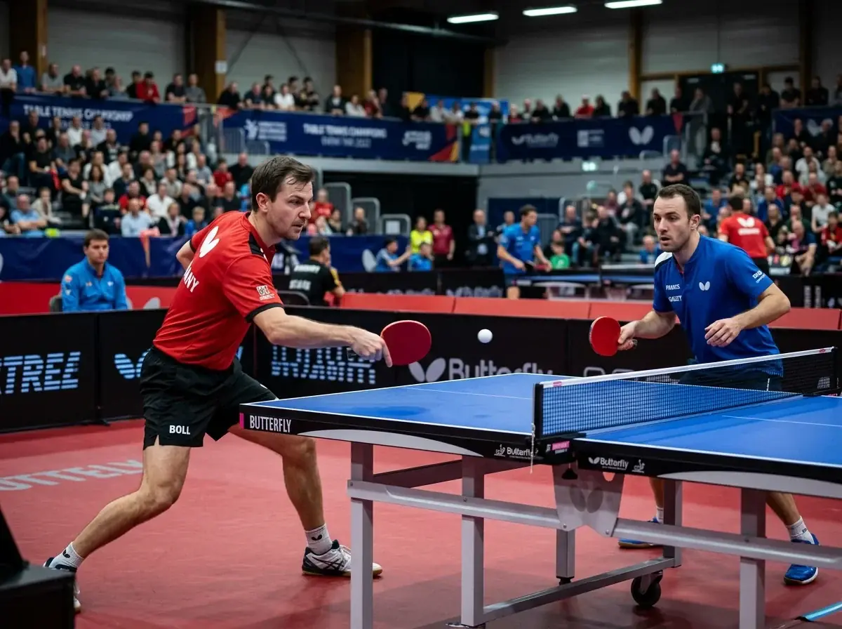Tischtennisspiel an blauer Platte mit Fokus auf die Gesamtpunktzahl