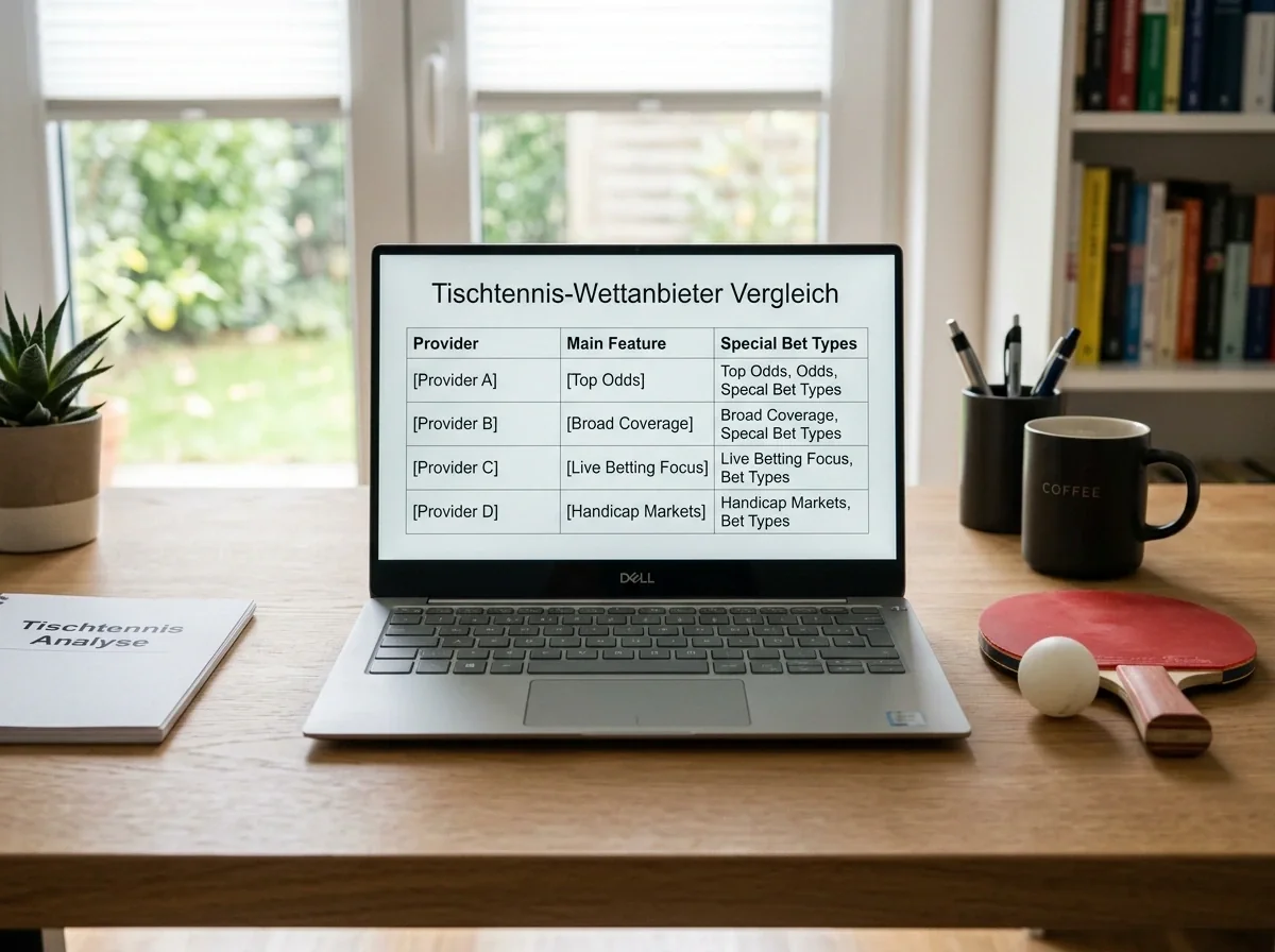 Schreibtisch mit Laptop, der eine schlichte Anbieter-Vergleichsliste ohne Zahlen zeigt