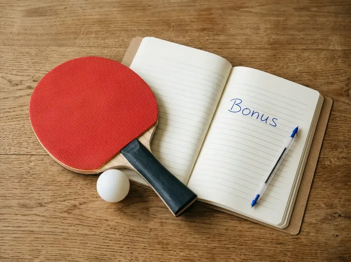 Tischtennisschläger und Ball neben einem aufgeschlagenen Notizbuch mit Bonusnotizen