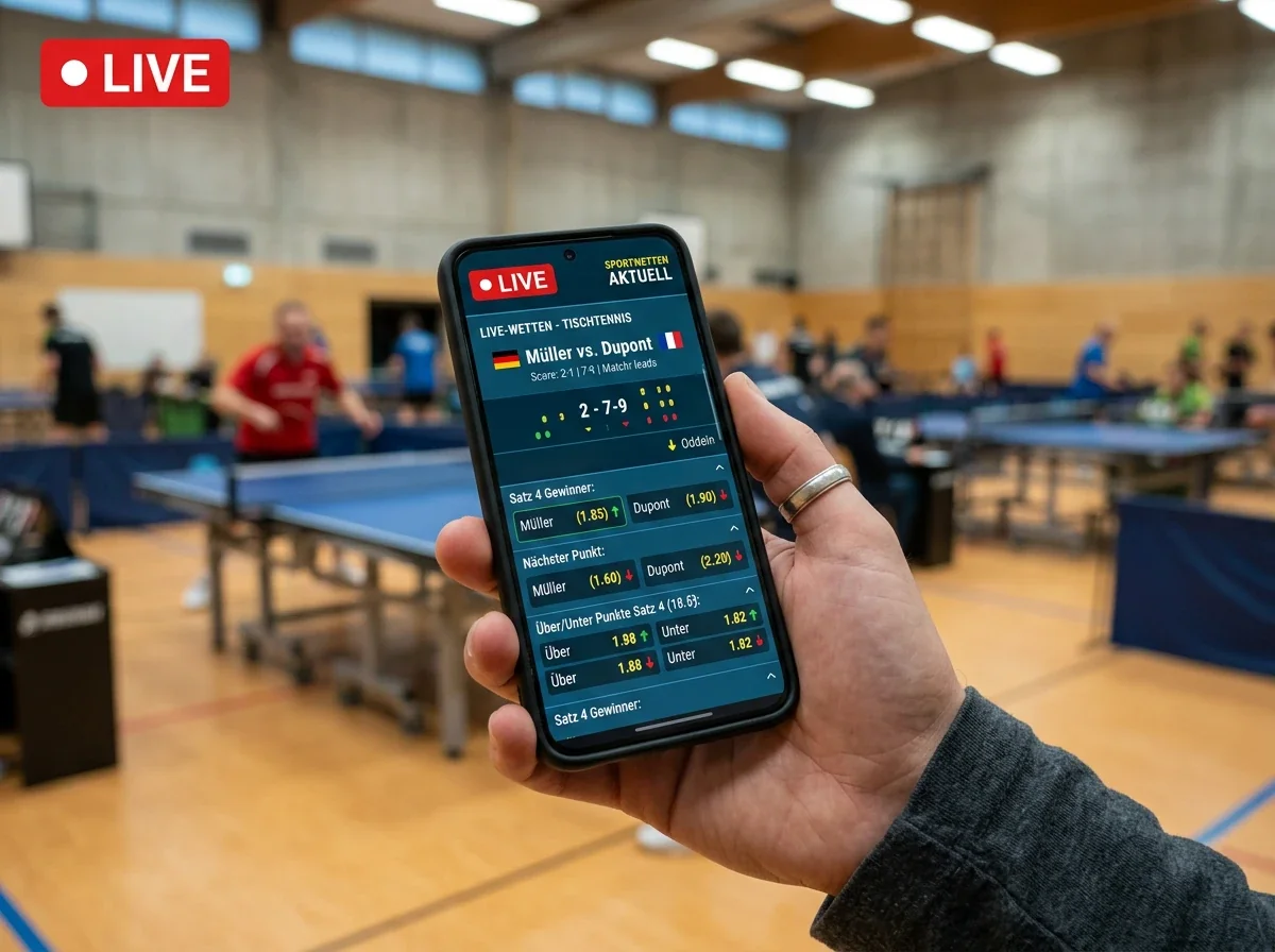 Smartphone zeigt eine schnelle Live-Wetten-App während eines laufenden Tischtennis-Spiels