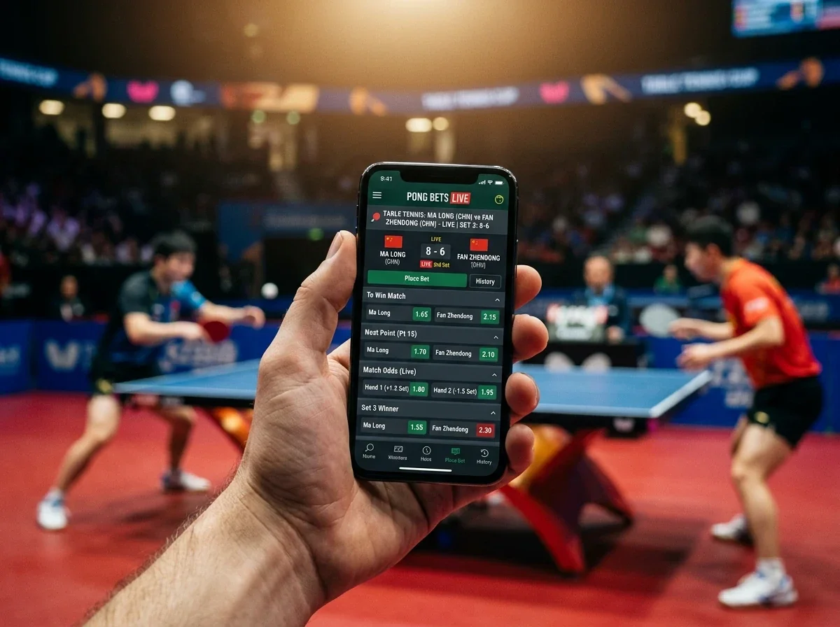 Hand hält ein Smartphone mit geöffneter Wett-App und Live-Tischtennis-Quoten