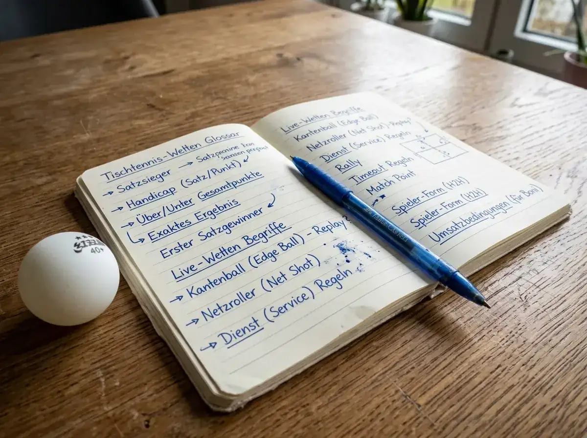Aufgeschlagenes Notizbuch mit Tischtennis-Wettbegriffen neben einem Ball