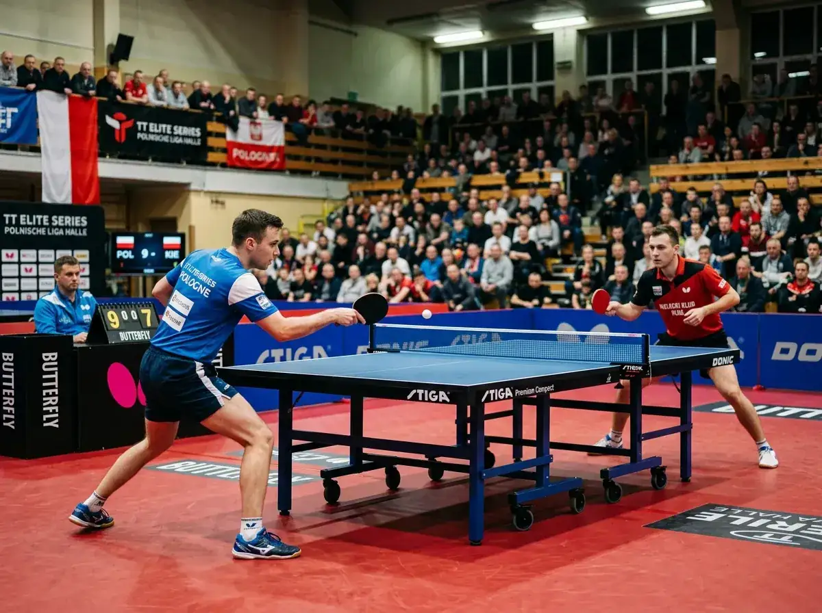 Tischtennistisch in einer polnischen Halle während eines TT-Elite-Series-Spiels