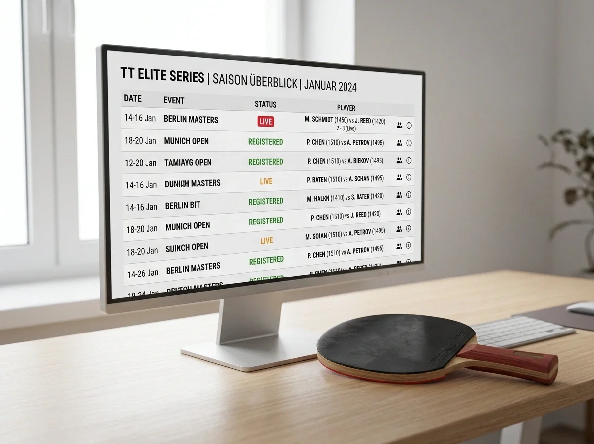 Bildschirm zeigt einen Überblick der TT-Elite-Series mit Spielplan