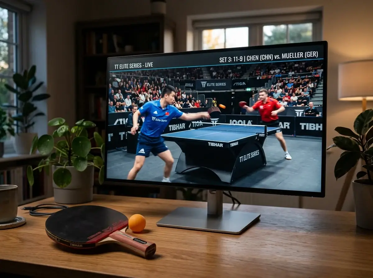 Bildschirm zeigt die Übertragung eines TT-Elite-Series-Spiels als Stream