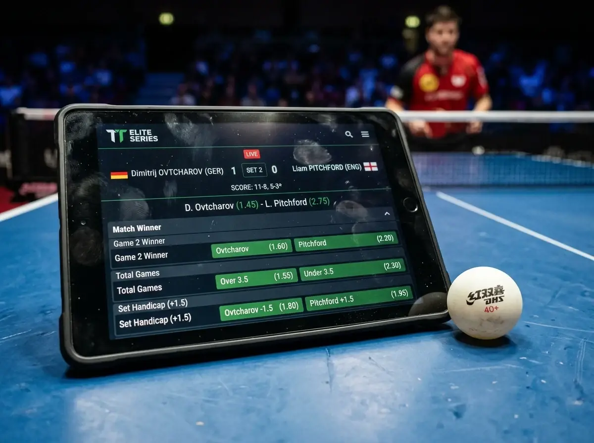 Tablet zeigt Quoten und Wettmärkte für ein TT-Elite-Series-Spiel