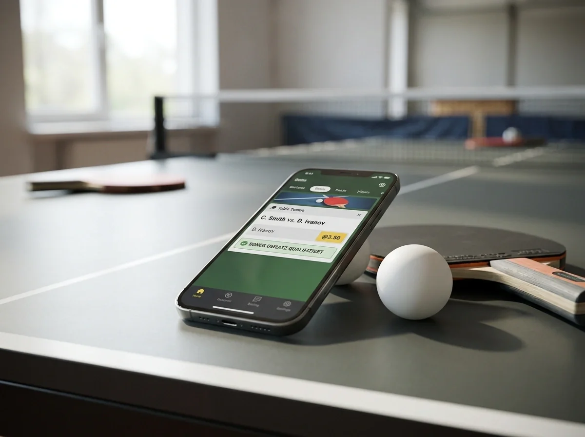 Smartphone zeigt eine Außenseiterquote beim Tischtennis, die zum Bonusumsatz zählt