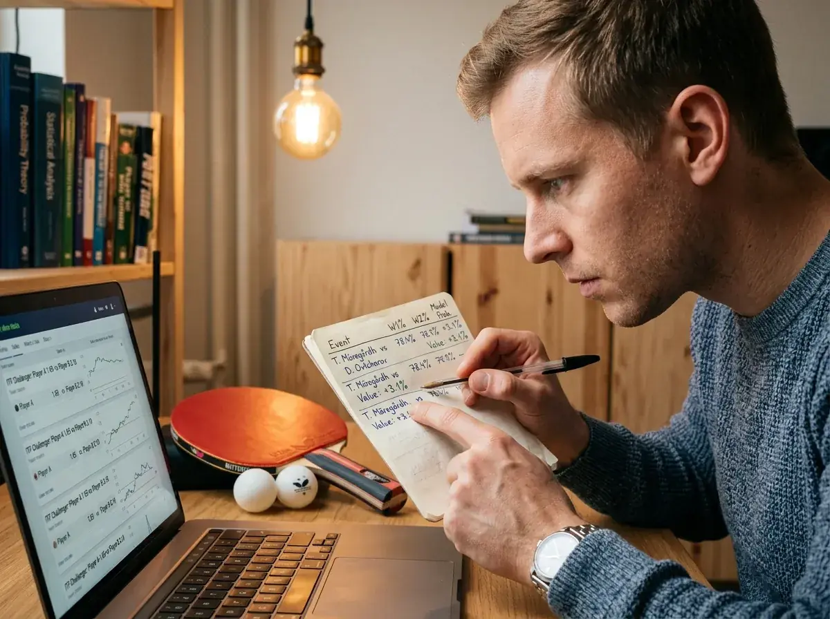 Analyst vergleicht am Laptop seine eigene Einschätzung mit den Tischtennis-Quoten