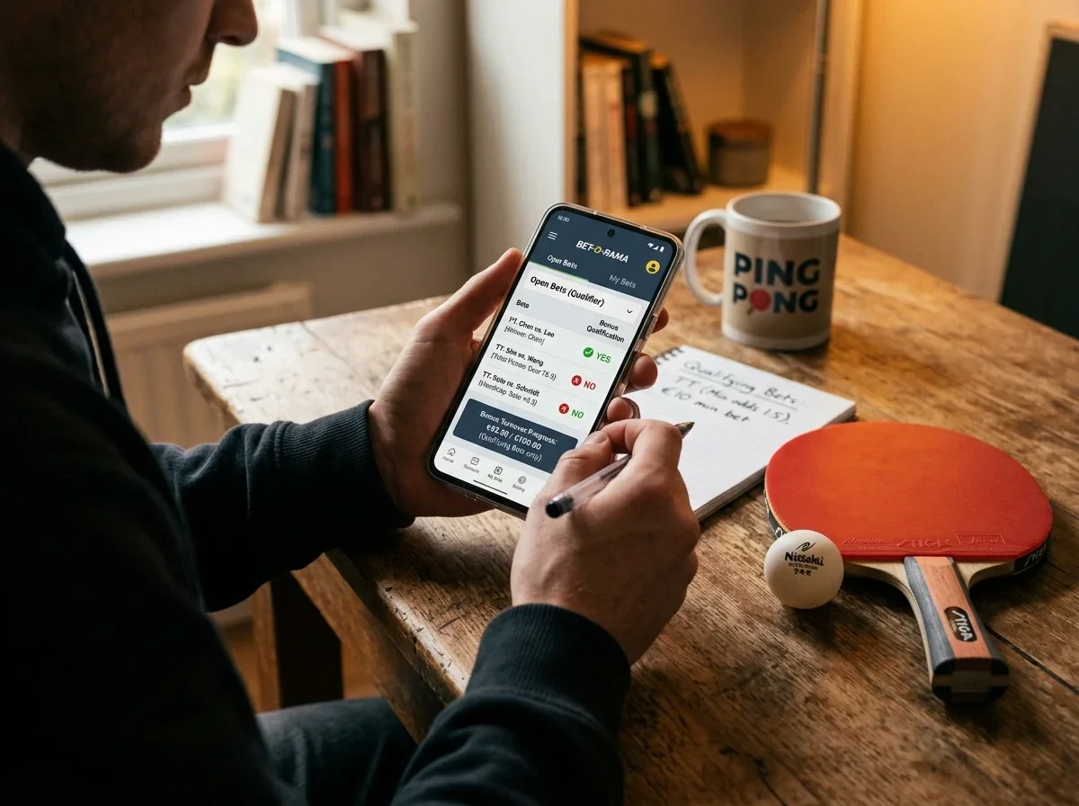 Person prüft auf dem Smartphone, welche Tischtennis-Wetten zum Bonusumsatz zählen