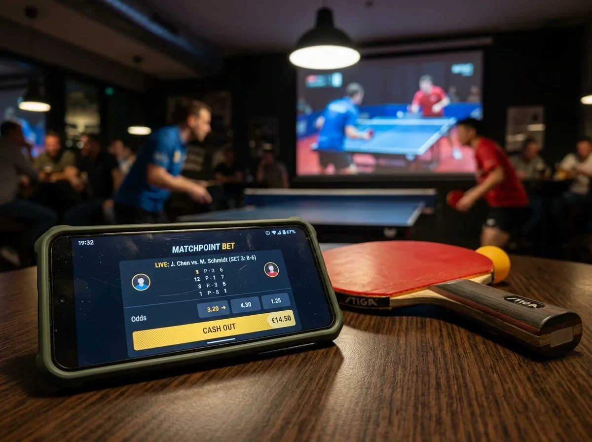 Smartphone zeigt die Cash-Out-Funktion einer Wett-App während eines Tischtennisspiels