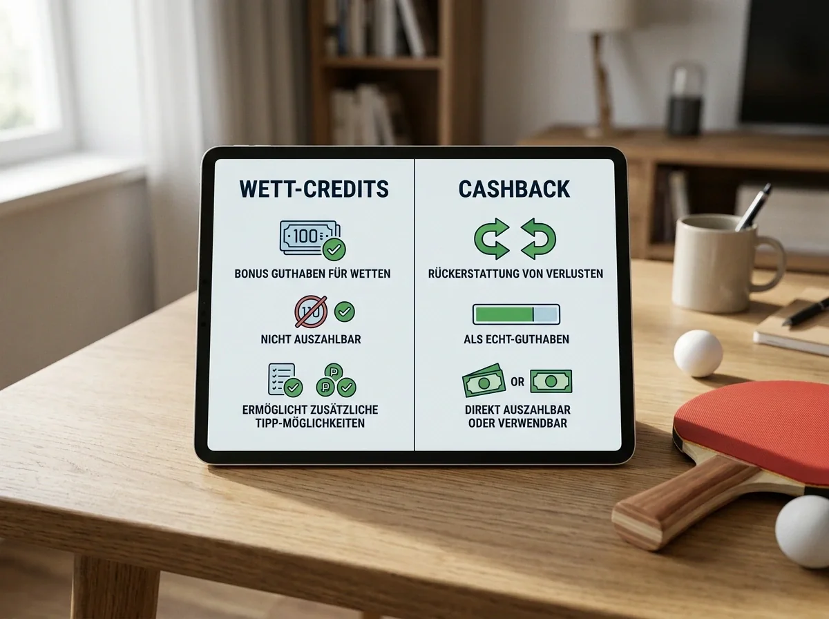 Tablet zeigt zwei getrennte Felder für Wett-Credits und Cashback nebeneinander