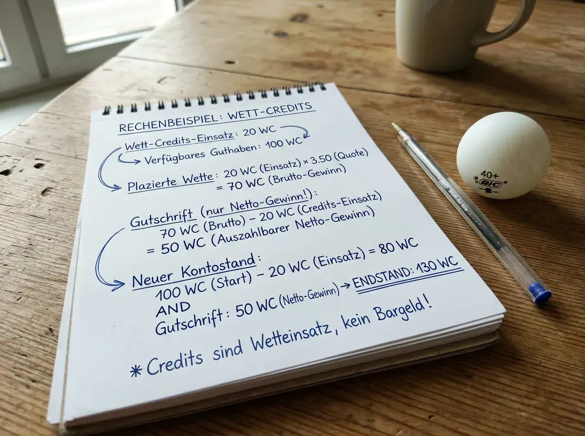 Notizblock mit einem handschriftlichen Rechenbeispiel zu Wett-Credits beim Tischtennis