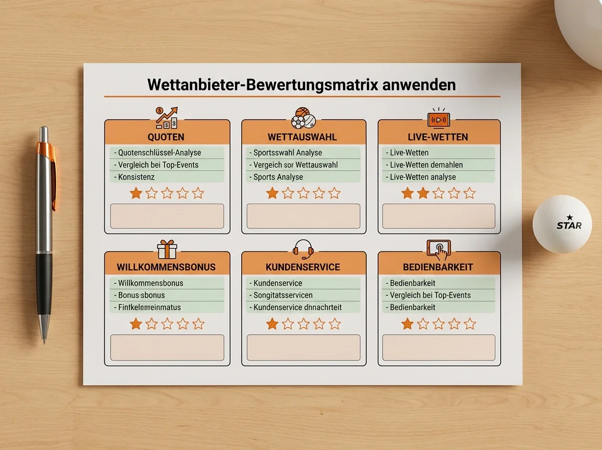 Sechs Bewertungskriterien für Wettanbieter nebeneinander auf einer Vergleichstafel