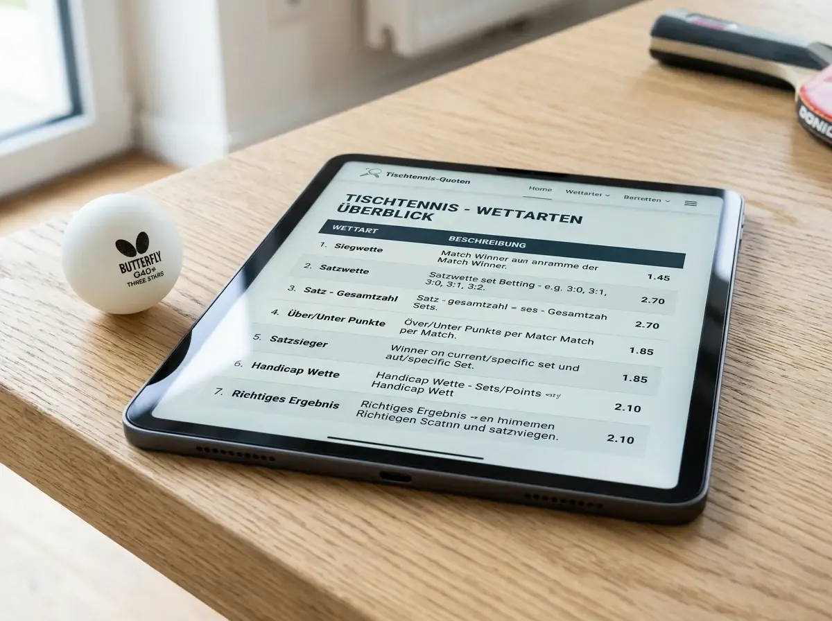 Tablet zeigt einen einfachen Überblick der wichtigsten Tischtennis-Wettarten
