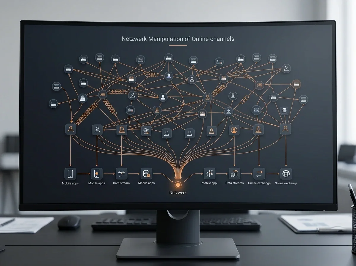 Schematische Darstellung verteilter Wettkonten und digitaler Kanäle einer Manipulation