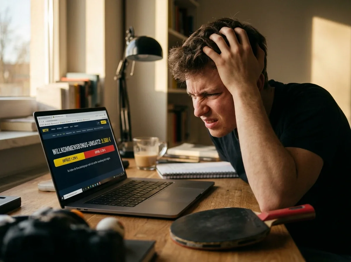 Frustrierte Person blickt auf ein Laptop mit nicht erfülltem Bonusumsatz beim Tischtennis